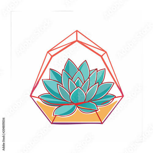 Teal succulent plant in a geometric terrarium, flat design