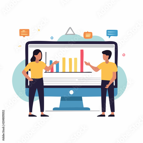 Two people presenting a bar chart on a computer screen