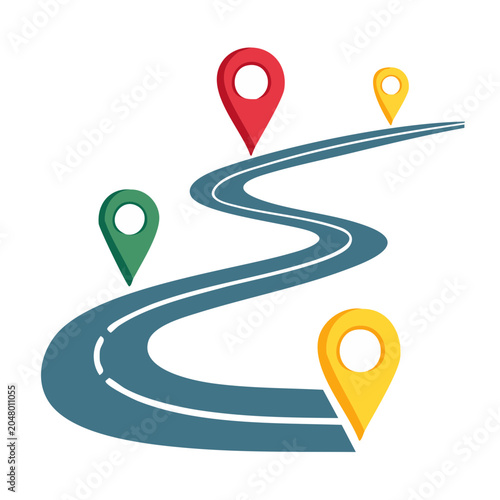 Winding road with map pins for navigation and travel concepts