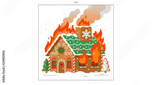 Foto Burning gingerbread house illustration with dramatic flames and smoke