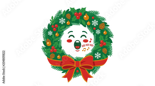 Foto Animated singing face character inside a Christmas wreath.