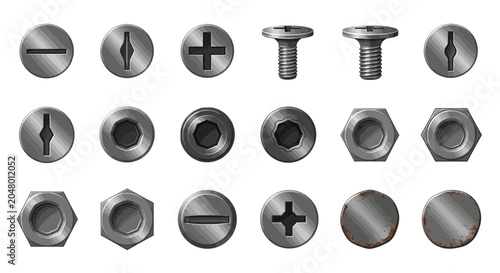 Screw and bolt icons, metal fastener set, 20 industrial hardware elements, steel bolts and screws