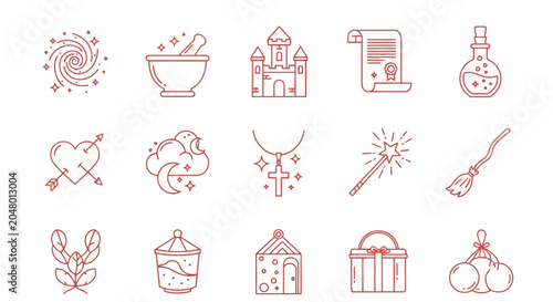 Magical, mystical icons set, 16 red line art symbols, fantasy and witchcraft elements, decorative illustrations