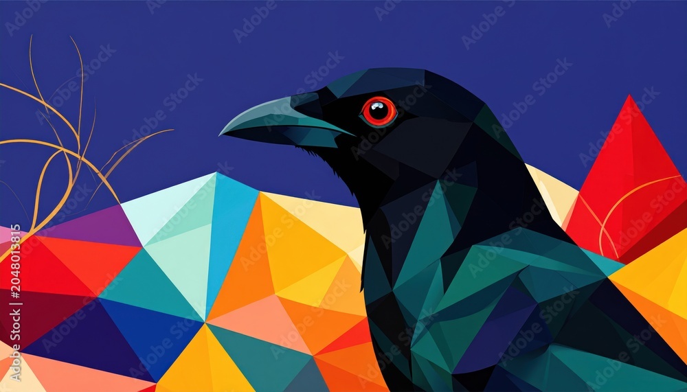 Fototapeta premium Geometric raven portrait, vibrant background with triangular shapes, stylized design