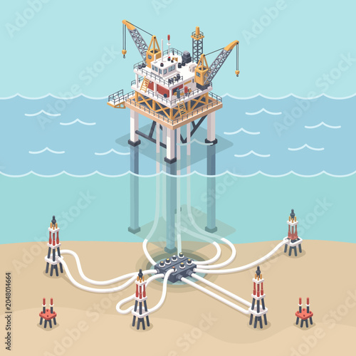 An isometric illustration of an offshore oil extraction platform facility