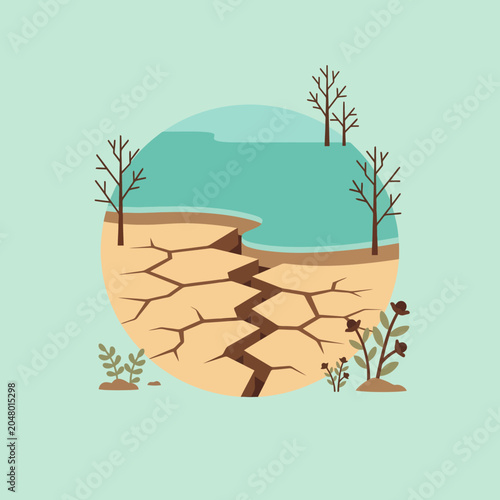 Fotografie A circular illustration showing a cracked dry earth landscape scene