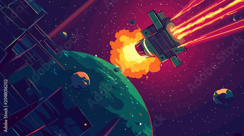 Space scene with spaceship explosion near a green planet and stars