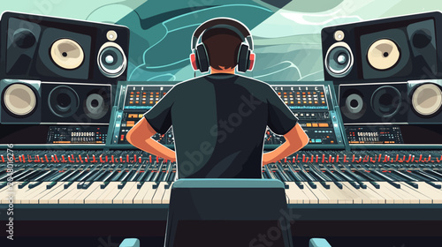 Person with headphones at sound mixing console in studio