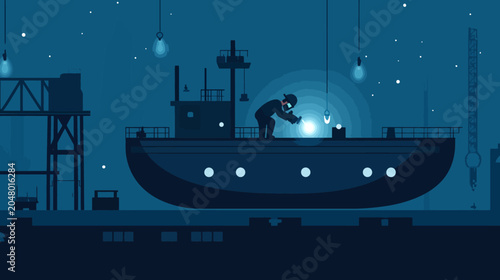 Worker welding ship in industrial dock at night, pixel art
