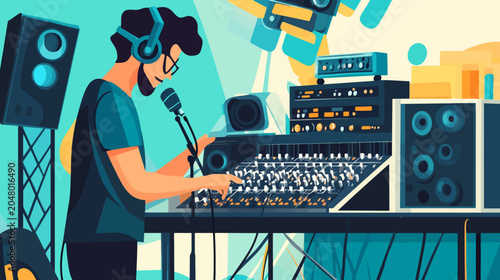 Illustration of a DJ in a studio mixing music with equipment