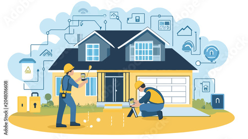 Two construction workers inspecting smart home wiring and sensors