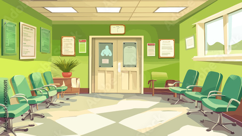 Empty waiting room with green walls, chairs, window, posters