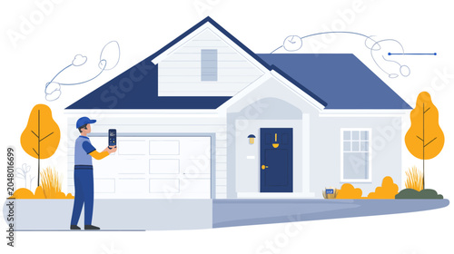 Illustration of a house with a worker photographing the exterior