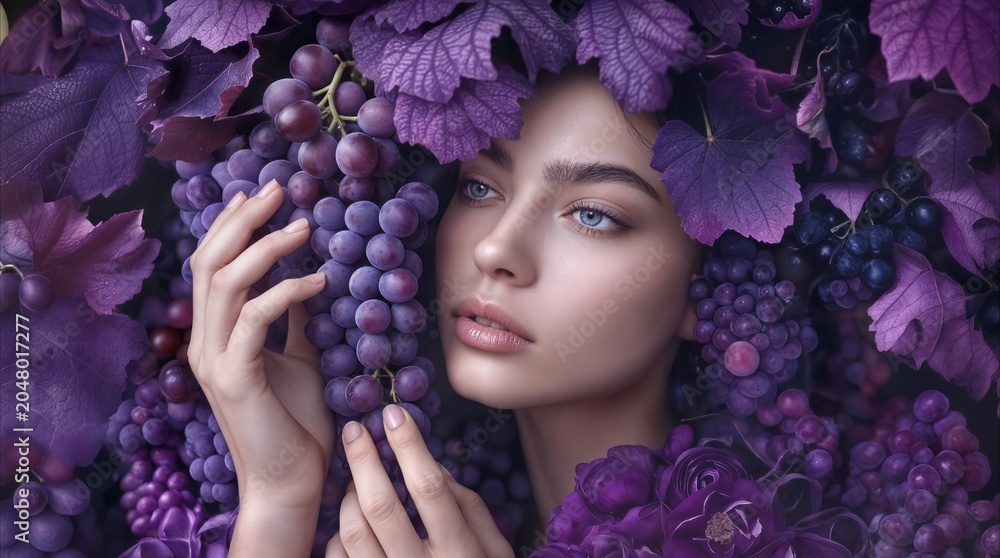 Obraz premium Young woman with blue eyes surrounded by purple grapes and vine leaves. Surreal portrait with fantasy atmosphere and monochromatic violet tones.