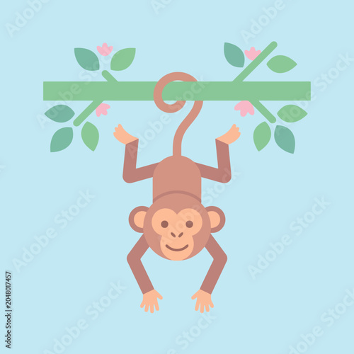 Canvas Print A cartoon monkey hangs from a tree branch with flowers and leaves on it