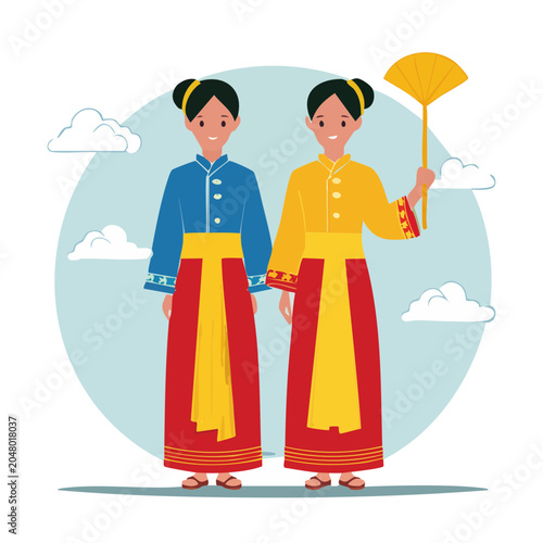 Two women in traditional Asian clothing with a fan