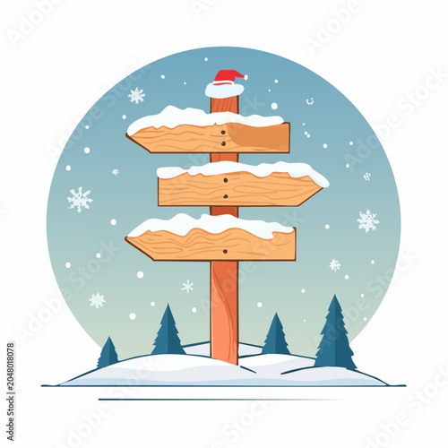 Winter signpost with Santa hat and snowfall