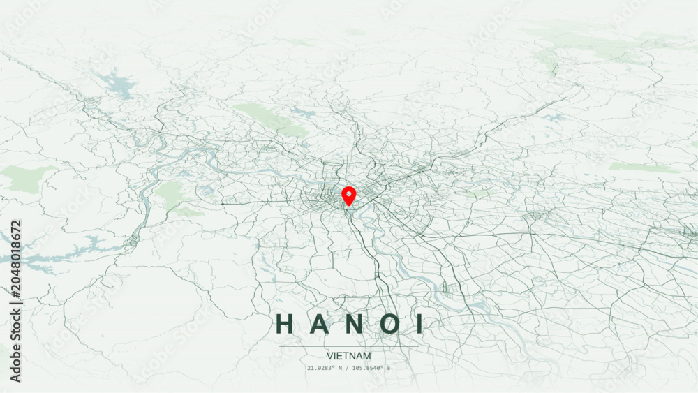 Fototapeta premium Modern minimalist vector map of Hanoi, Vietnam. High-quality scalable illustration of Hanoi city grid, Hoan Kiem Lake and West Lake contours, Red River waterfront for posters design.