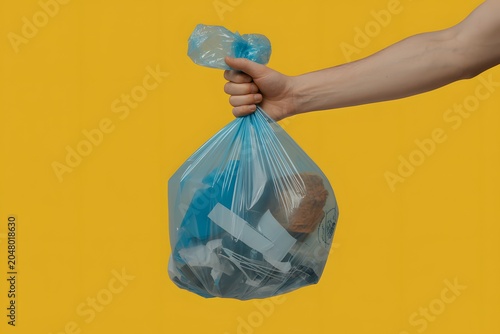 Hand holding a blue plastic bag full of trash for recycling on yellow background