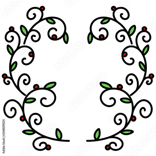 Raster floral swirls with green leaves and red berries. Elegant semi-circular ornament for invitations and greeting cards.