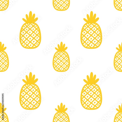 A seamless pattern composed of stylized yellow pineapples arranged on a clean white background.