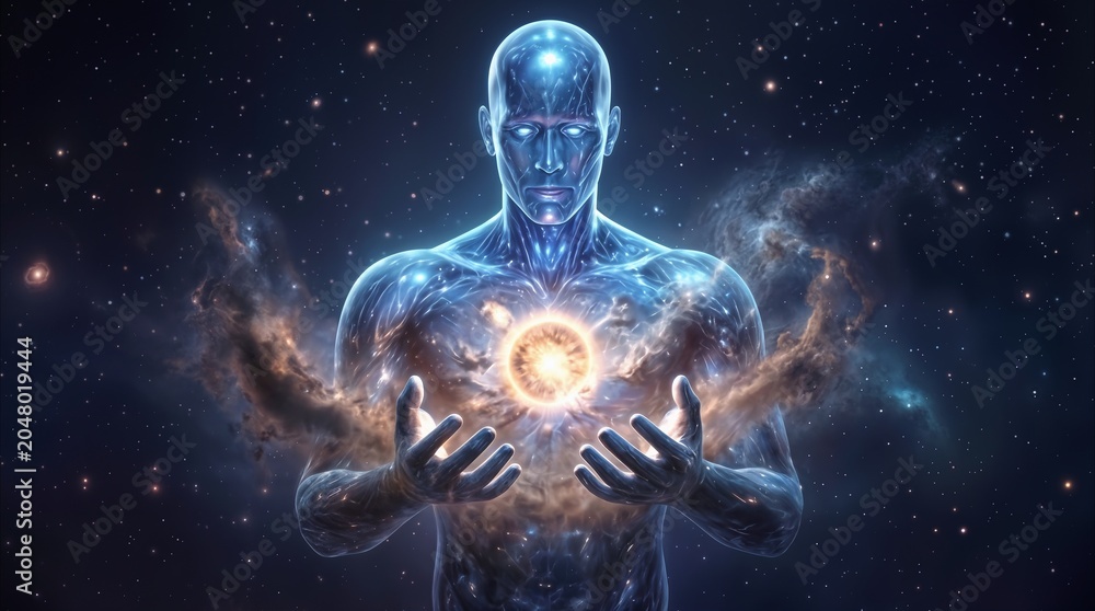 Obraz premium Cosmic entity holding glowing energy sphere in deep space. Ethereal humanoid figure with translucent skin surrounded by nebulae and stars.