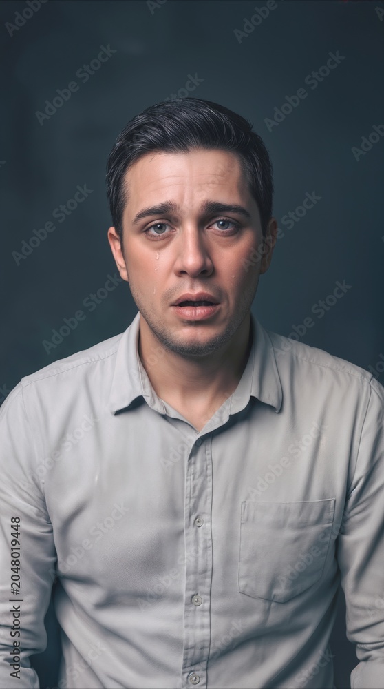 Obraz premium Tearful young adult expressing deep sadness and vulnerability. Man with tears on his face looking at camera in studio setting.