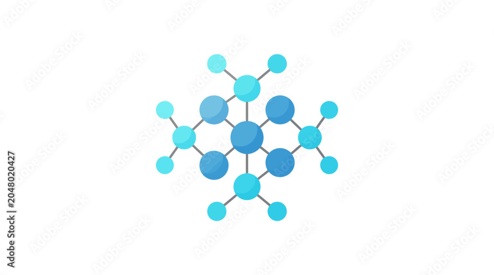 Fototapeta premium Molecular structure graphic with blue and cyan atoms and bonds on a white background, depicted in a flat, scientific illustration style with a calming mood.