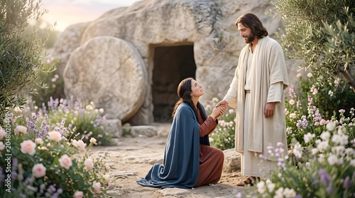 Resurrection, Encounter, The resurrected Christ Jesus appears to Mary Magdalene, who kneels and holds his hand, an encounter symbolizing faith and new