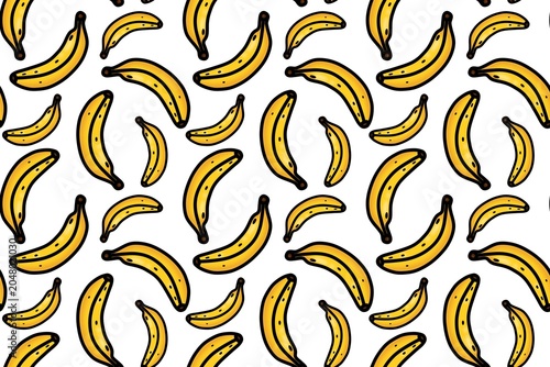 Seamless banana pattern: cartoon-style yellow bananas on white background, illustration for food packaging and children’s design