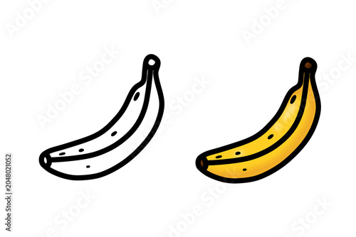 Banana icon set: black outline and colored version on white background, illustration for food design and children’s activities