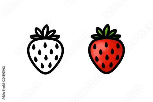 Strawberry icon set: black outline and colored version on white background, raster illustration for food design and stickers