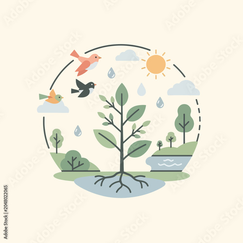 Bild auf Leinwand A circular illustration showing a thriving ecosystem with nature elements
