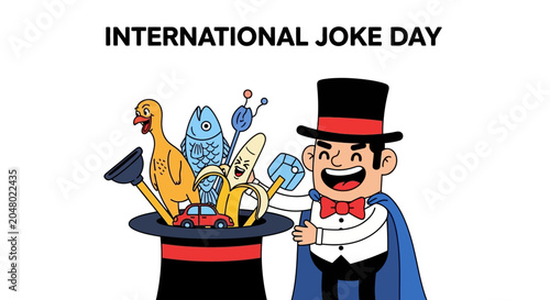 Billede på lærred Magician with Joke Day Hat Full of Fun Objects