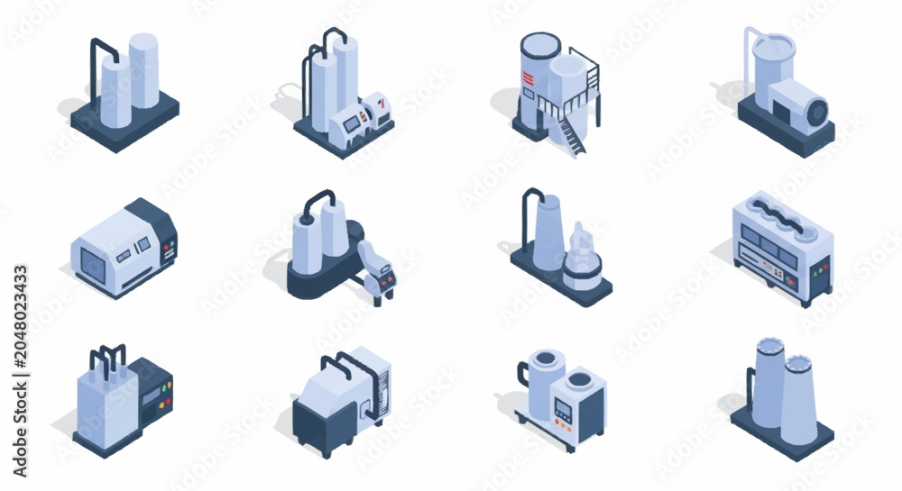 Fototapeta premium Isometric industrial factory buildings and machinery.