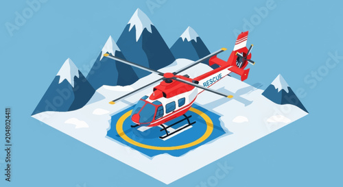 Bilde på lerret Red helicopter on snowy mountain landing pad.