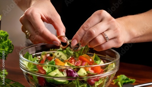 Hands preparing a fresh and vibrant salad.