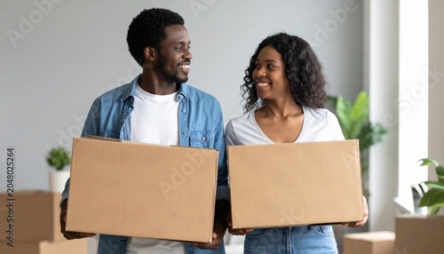 Happy African American couple moving into a new home.