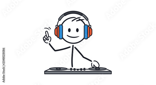 Cartoon Stick Figure DJ Playing Music with Headphones