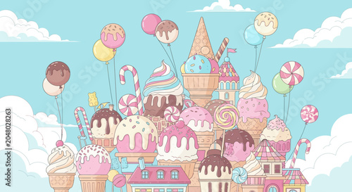 Foto Whimsical Candy Land Castle with Ice Cream and Lollipops