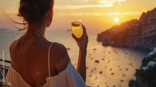 Woman holding a refreshing cocktail enjoying a scenic golden hour sunset over the Amalfi Coast