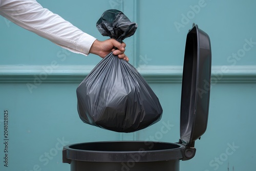 Person throwing black trash bag into bin outdoors with disposal pollution cleaning