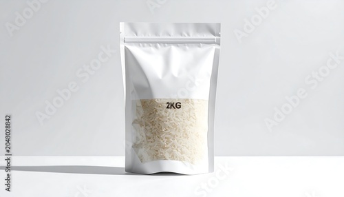 A white stand-up pouch filled with long grain rice against a simple white backdrop