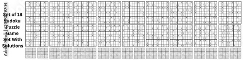 et of 18 sudoku game puzzle with solutions – black, white , maze puzzle vector, clean line art, printable logic game for activity books , worksheets, and books publishing