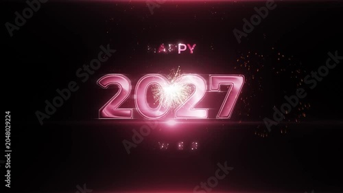 Happy New Year 2027 Fireworks Celebration Animation with Pink Neon Text and Gold Particles