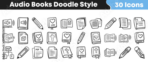 Collection of various hand drawn audio book and stationery icons