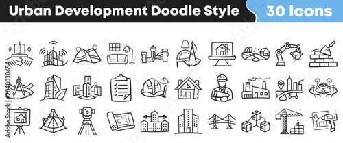 Foto Set of black and white urban development doodle style icons