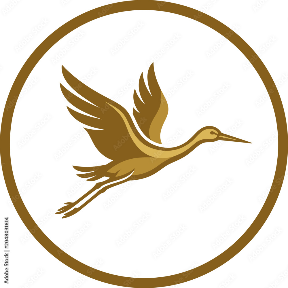 Fototapeta premium Gold stork flying bird logo in circular frame.