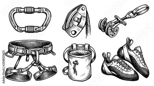 Climbing Gear Set Including Harness Carabiner Belay Device Shoes and Chalk Bag Hand Drawn Sketch