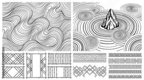 Japanese Zen Garden Elements and Patterns Black and White Line Art